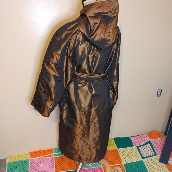 Newsport News Size 12 Bronze Shiny Long Acetate Nylon Coat Button Vintage Brown - Picture 2 of 16